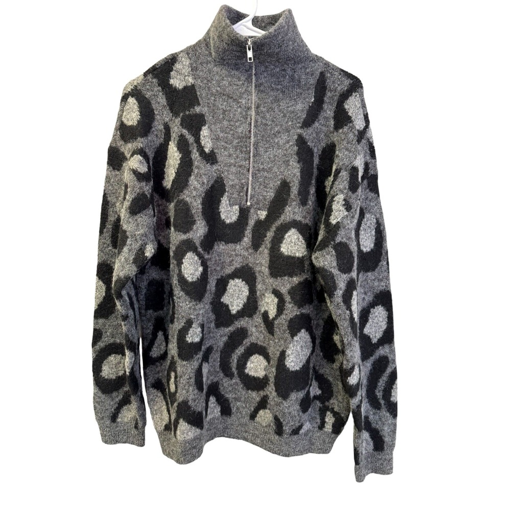 RD Style Conscious Womens Grey Leopard Print Quarter Zip Sweater Recycled Yarn M